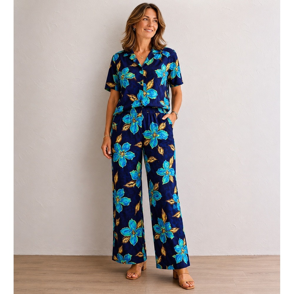 Scandals Australia Vintage Floral 2 Piece Set Shirt and Wide Leg Pants Blue M 12